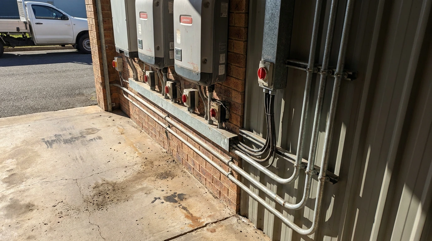 Bank of solar inverters and isolator switches mounted along a brick wall in a loading bay