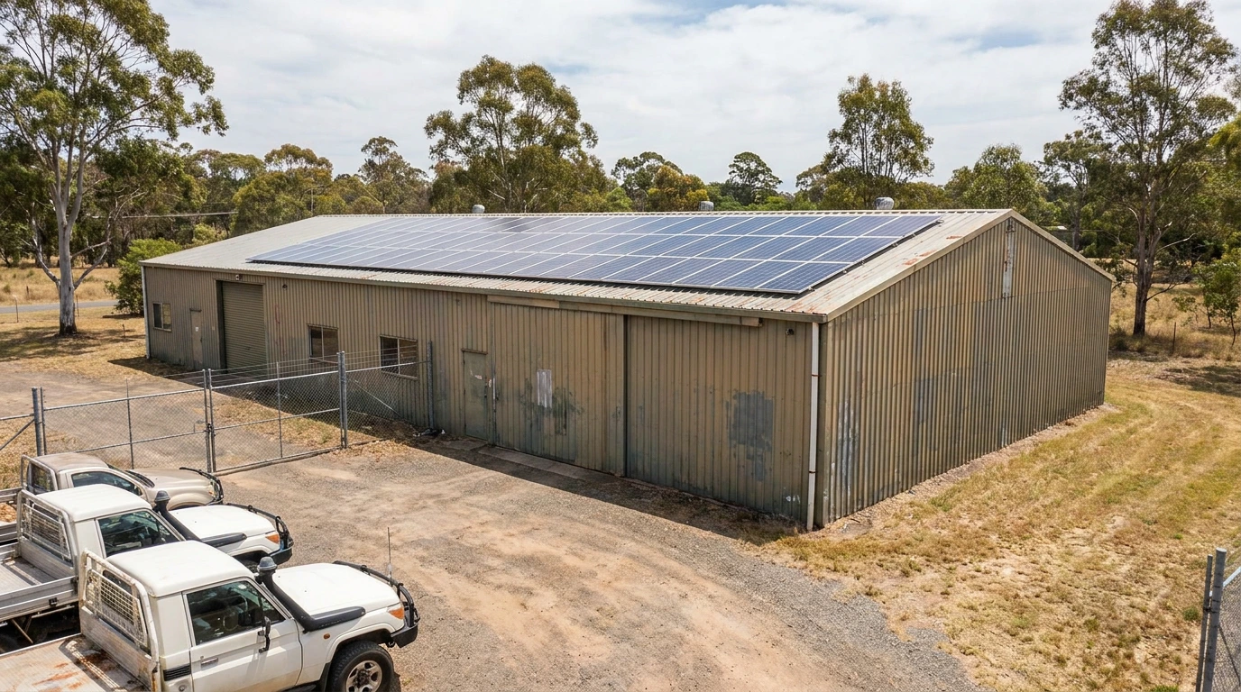 Rural commercial shed with a roof-mounted solar array and work utes parked outside